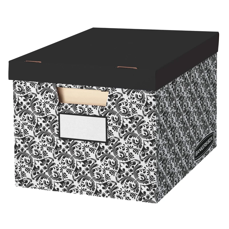 BANKERS BOX 10 Pack STOR/FILE Decorative Medium-Duty File Storage Boxes, FastFold, Lift-Off Lid, Letter/Legal, Black/White Brocade