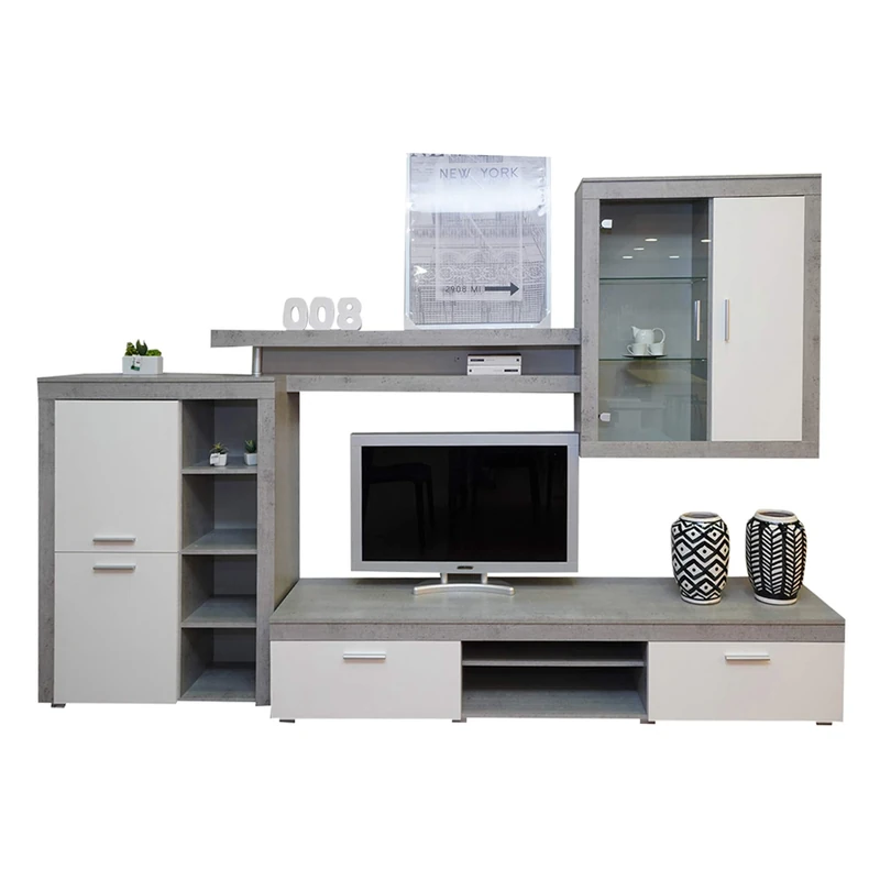 DMORA Living Room Wall, White and Concrete, cm 293 x 144 x 44, UNICA