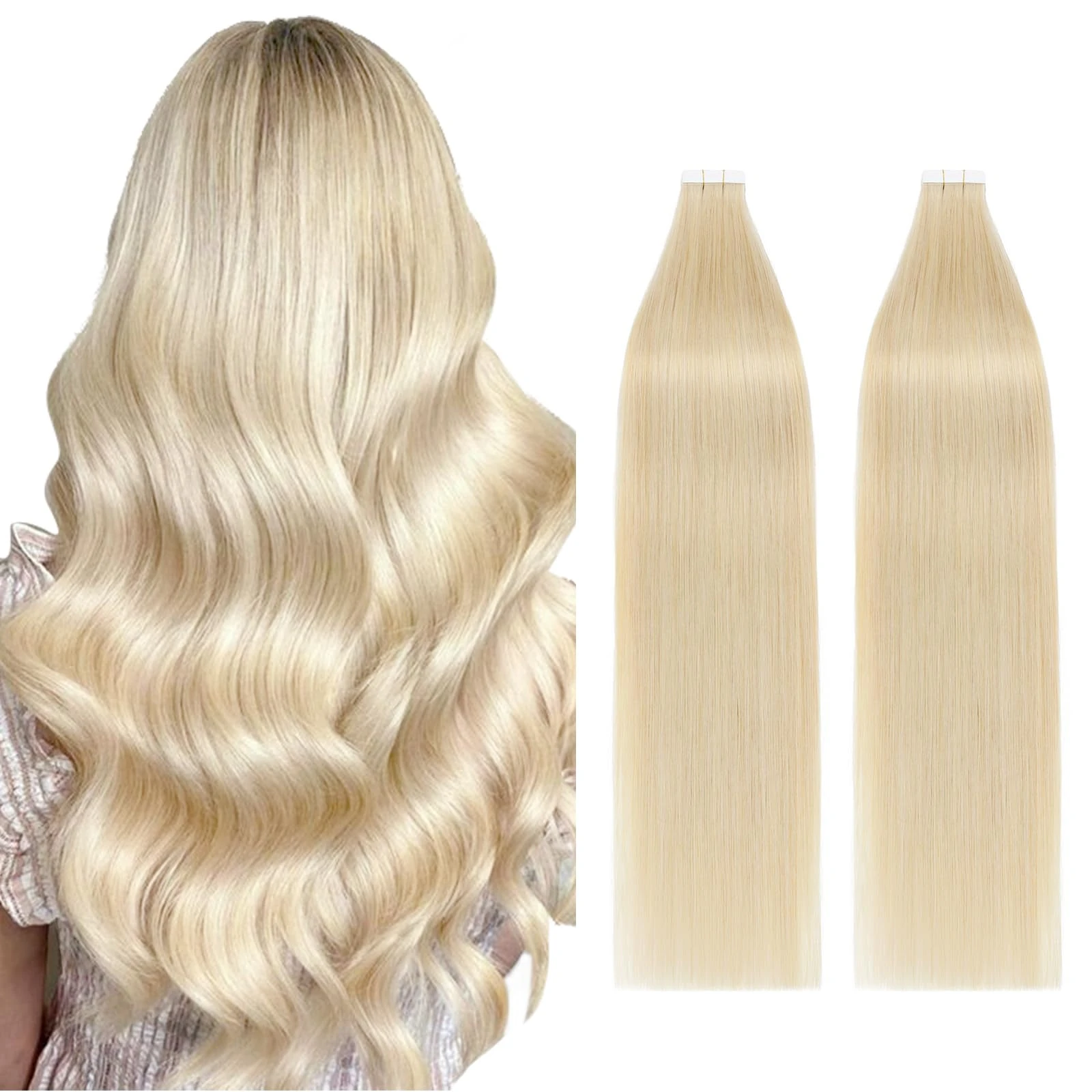Silk-co Tape in Hair Extensions Human Hair 40pcs #613 Bleach Blonde 100% Remy Real Hair Extension (22inch-100g)