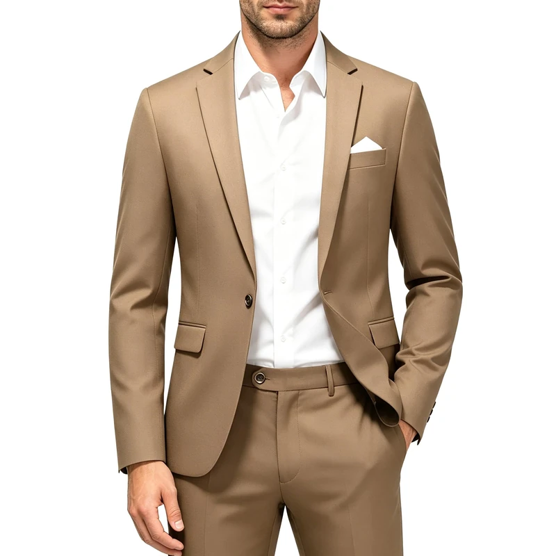 MOGU Mens Tuxedo Suit Slim Fit 2 Piece One Button Jacket and Pants Set for Wedding, Prom and Formal Events, Khaki, 34