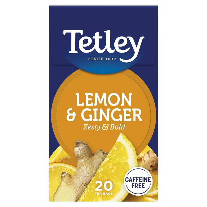 Tetley Zingy Lemon & Ginger Herbal Tea Bags - Naturally Caffeine-Free - Perfectly Balanced Citrus & Spice Infusion - Ideal for Relaxation - Rainforest Alliance Certified - 20 Teabags (1 Pack)
