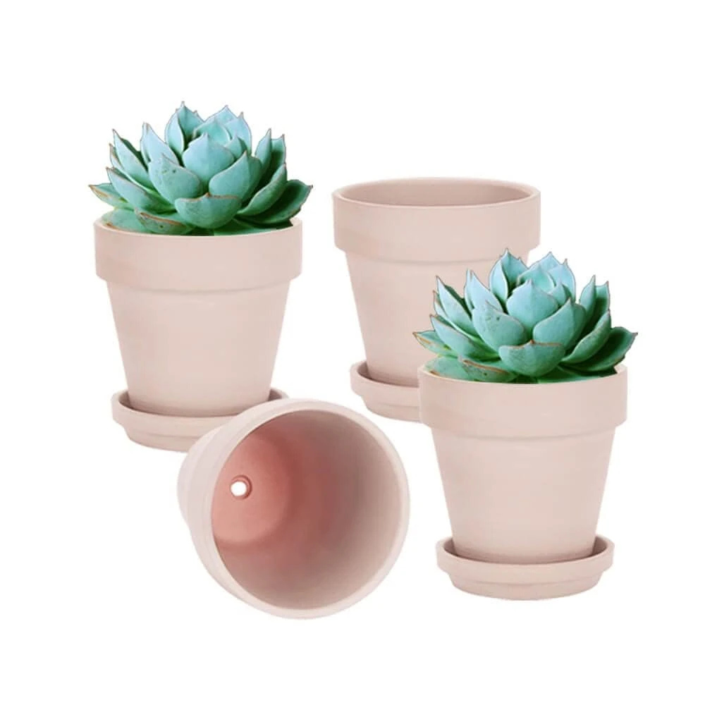vensovo 15CM Pink Terracotta & Clay Pots for Plant with Saucer - 4 Pack Medium Terra Cotta Planter with Drainage Hole, Flowerpot for Indoor Outdoor Plants, Crafts, Wedding Favor