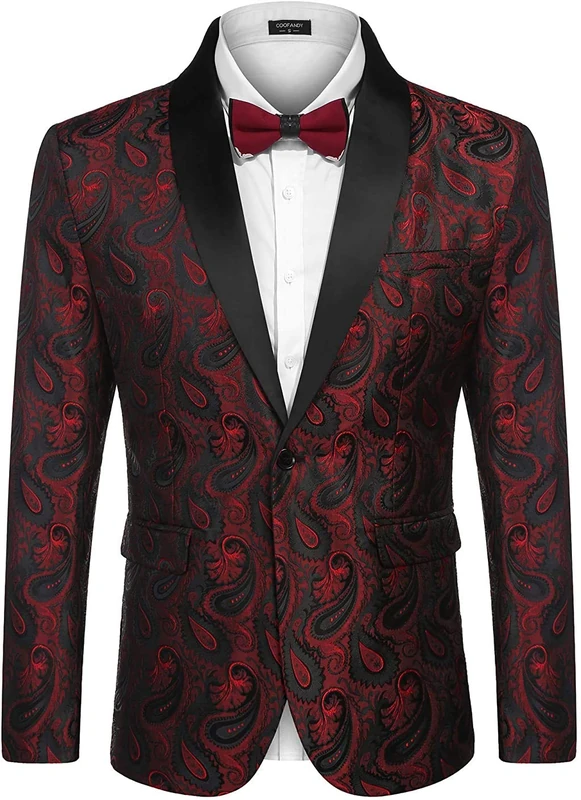 COOFANDY Men's Floral Tuxedo Jacket Paisley Shawl Lapel Suit Blazer Jacket for Dinner, Prom, Wedding, 01-Wine Red, XL