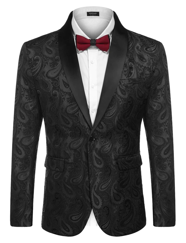 COOFANDY Mens Floral Tuxedo Jacket Paisley Shawl Lapel Suit Blazer Jacket for Dinner,Prom,Wedding, Black, M