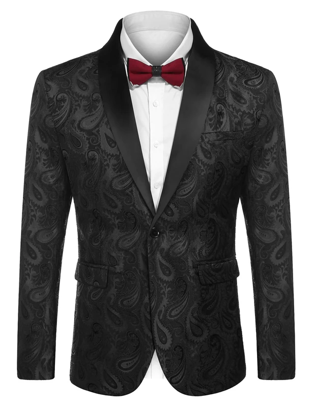 COOFANDY Men's Blazer Casual Slim Fit Paisley Floral One Button Suit Blazer Prom Tuxedo Wedding Party Jackets, Black, XXL