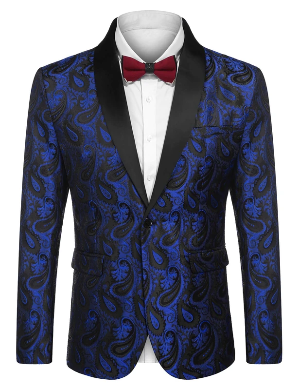 COOFANDY Men's Floral Tuxedo Jacket Paisley Shawl Lapel Suit Blazer Jacket for Dinner, Prom, Wedding, Blue, XL