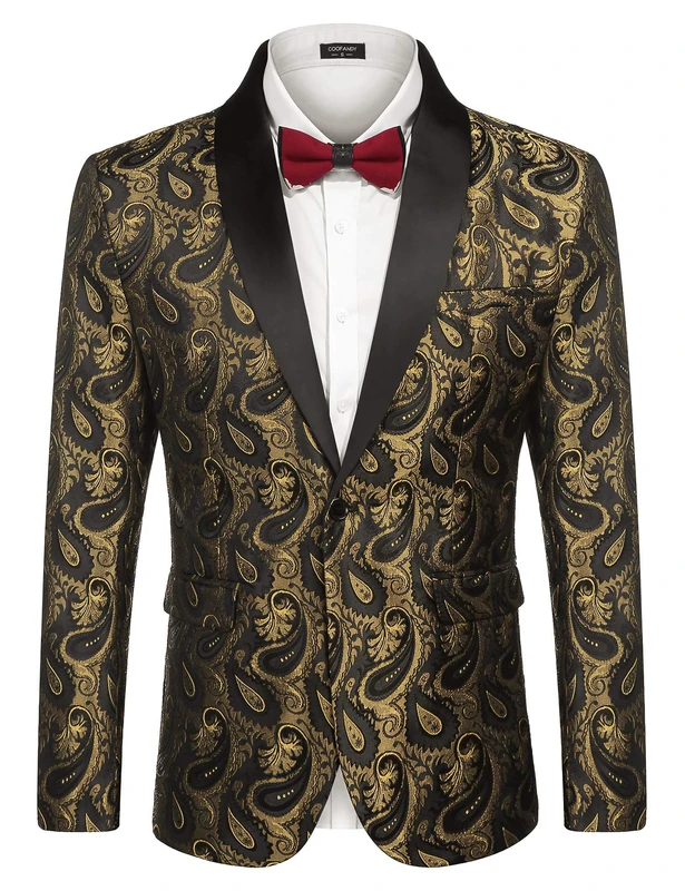 COOFANDY Mens Floral Tuxedo Jacket Paisley Shawl Lapel Suit Blazer Jacket for Dinner,Prom,Wedding, Golden, S