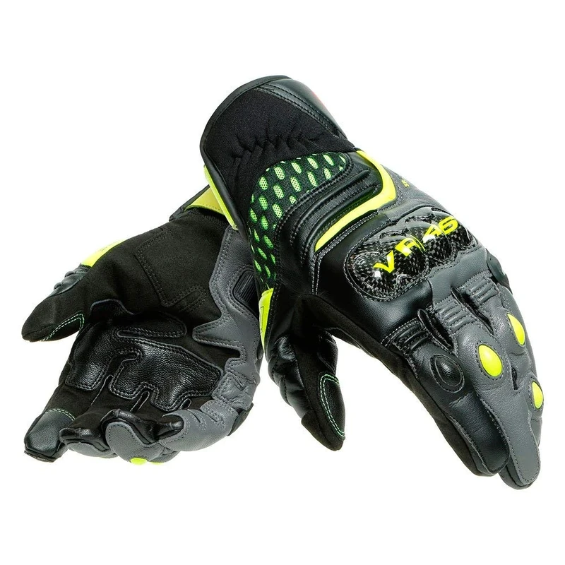 Dainese VR46 Sector Short Gloves, Short Leather Motorcycle Gloves, Men, Black/Anthracite/Fluo-Yellow, XS