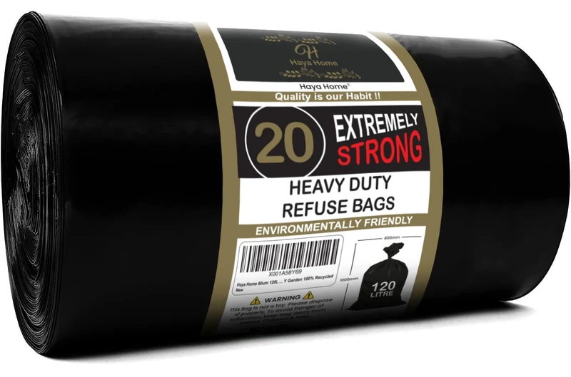 Haya Home 60 μm 120L 20 Extremely Strong Heavy Duty Black Bin Bags Bin Liners Refuse Sacks Waste Dustbin Bags Rubble Sack Industrial Commercial Builders Kitchen Home Office DIY Garden 100% Recycled