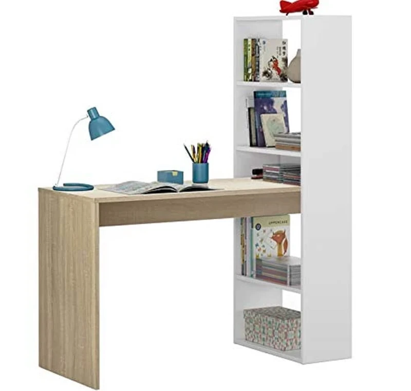 Dmora - Desk Denton, Reversible writing desk with 5-shelf bookcase, Study or office table for PC book holder, 120x53h144 cm, White and Oak