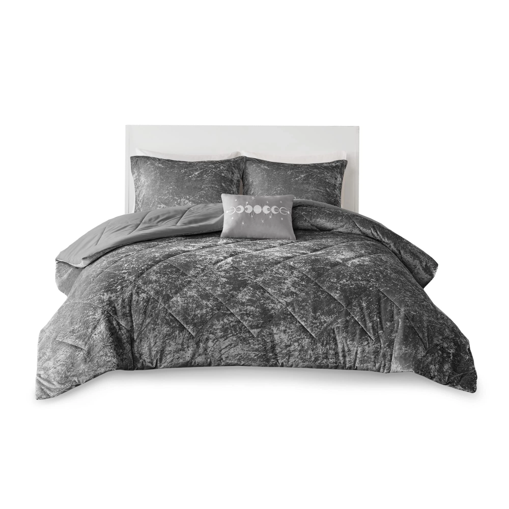 Intelligent Design King Duvet Cover Set, Velvet King Duvet Set, Luxury Diamond Quilting Grey Duvet Cover, Fluffy Duvet Cover with Decorative Pillow and 2 Shams, 4 Pieces, Grey, King/Cal King