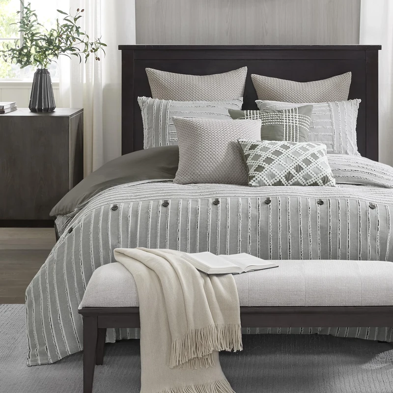 MADISON PARK SIGNATURE King Comforter Set, Removable 100% Cotton Duvet Cover King Size with Insert, Farmhouse Bedding, Textured Stripe Clipped Jacquard Accent, King, Grey 9 Piece