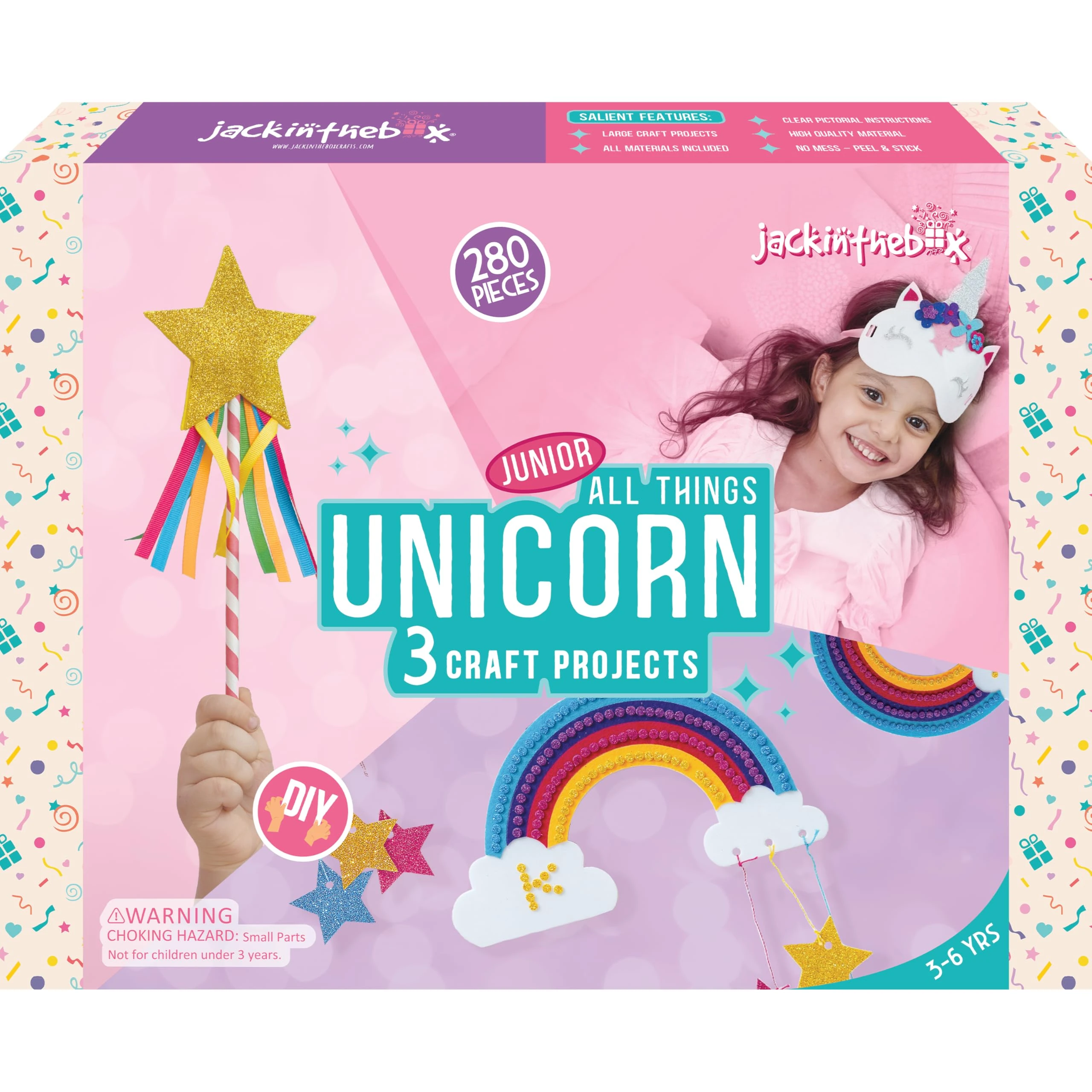 jackinthebox Unicorn Craft kit for 3 to 5 Year Old, 3 Craft Projects,Great Gift for Girls Ages 3 4 5 Years, No Mess Art for Kids,DIY Creative Activity