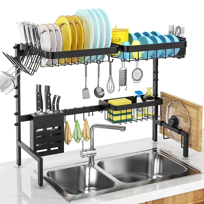 MERRYBOX Over The Sink Dish Drying Rack, 2-Tier Adjustable Length (25.6-33.5in), Stainless Steel Dish Drainer with Cutting Board Holder, Large Dish Rack for Kitchen Counter Organizer Space Saver