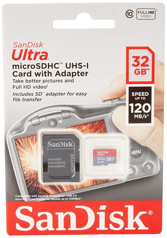 SanDisk 32GB Ultra microSDHC card for Digital cameras and Full HD videos + SD adapter up to 120 MB/s with A1 App Performance UHS-I Class 10 U1