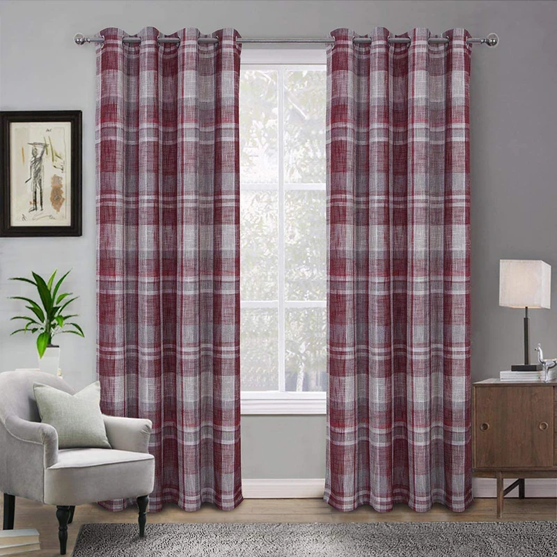 always4u Boucle Red Check Curtains Plaid Farmhouse Window Curtains Grommet Drapes for Living Room Bedroom 2 Panels 54 * 84 Inches
