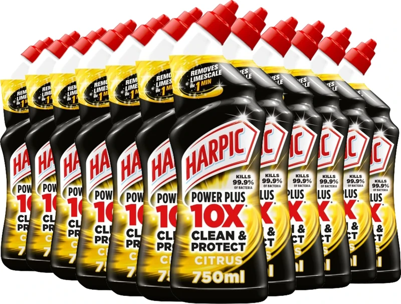 Harpic Powerplus Toilet Cleaning Gel, Citrus Fresh, Pack 12 x 750 ml, Removes Limescale, Kills 99.9% of Bacteria, Powerful Deep Clean Toilet Cleaner, toilet freshener