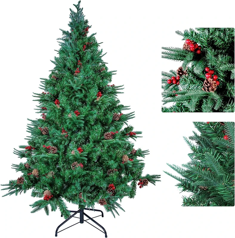 6FT/1.8M Christmas Tree with Pine Cones and Berries, PVC Artificial Christmas Tree with Metal Stand, Xmas Decoration Christmas Tree for Indoor Outdoor, Green