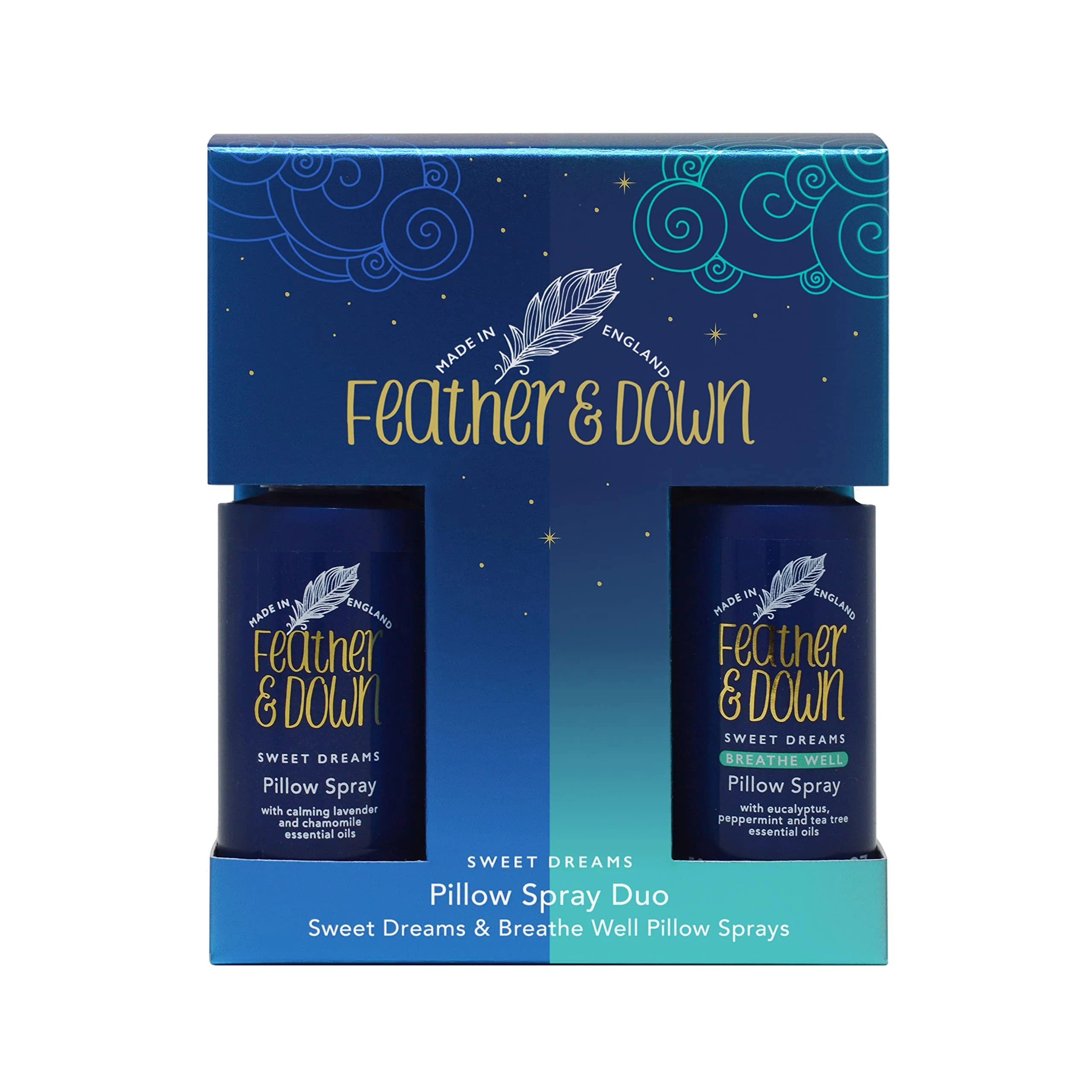 Feather & Down Pillow Spray Duo Gift Set (50ml Sweet Dreams Pillow Spray & 50ml Breathe Well Pillow Spray) - The Perfect Sleep Gift. Cruelty Free. Vegan Friendly.