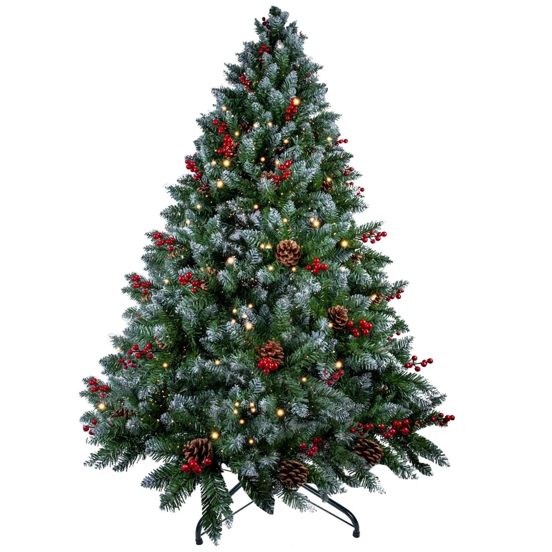 himaly Upgraded Hinged 5FT Artificial Christmas Tree for Holiday Decoration w/Snow Flocked Tips, Pine Cones, Red Fruit, Copper Wire Lamps 1.2M/240 lamp