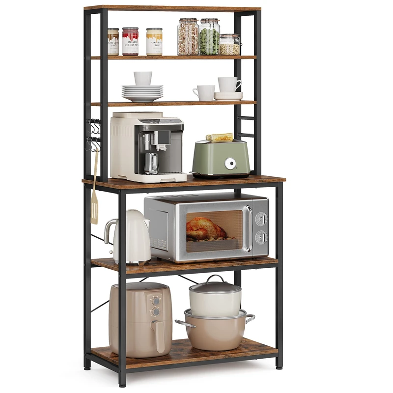 VASAGLE Kitchen Storage Rack, 6 Shelves & 6 Hooks - KKS019B01