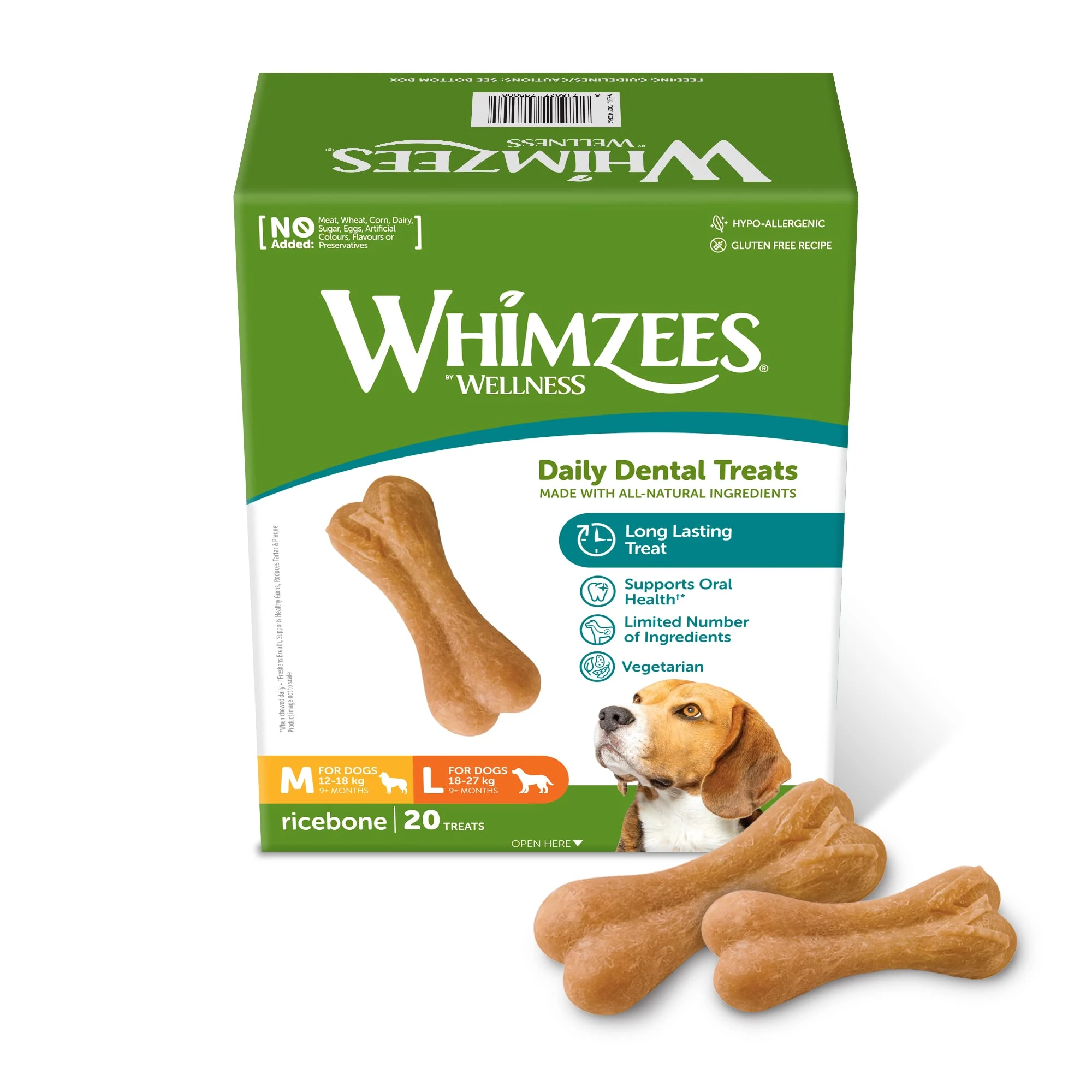 WHIMZEES By Wellness Rice Bone, Dog Dental Sticks, 20 Pieces, Size M/L, Dog Chews for Medium to Large Breeds, Natural, Gluten-Free, Rawhide-Free, Vegetarian