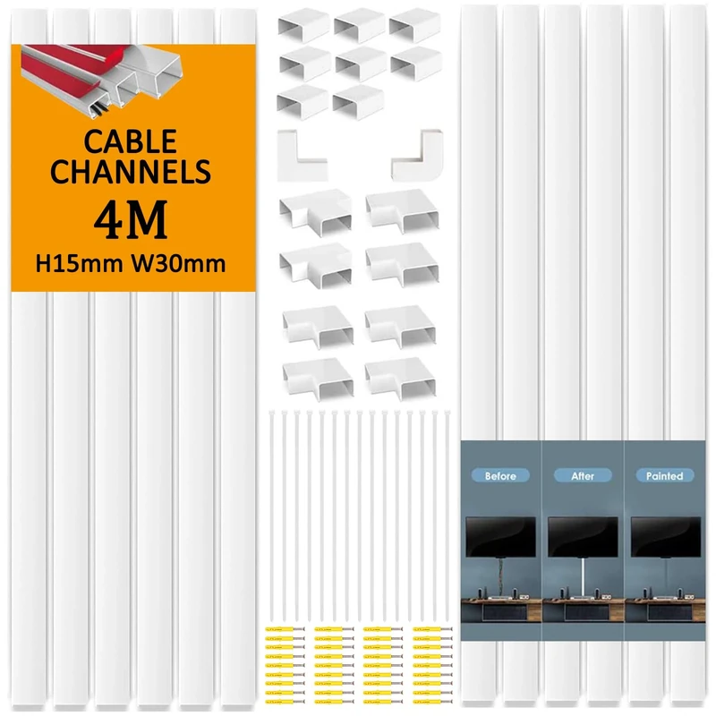 Flow fire White Cable Trunking Wire Cover for Wall, 4 Meter Self-Adhesive Cable Conduit Management Trunking, for Wall-Mounted Tv Cable Tidy (10X L400mm, W30mm H15mm)