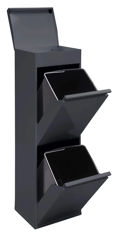 Arregui Top CR224-B Waste Bin with Multipurpose Top Storage, 2 Buckets, Stainless Steel Cabinet for Differentiated Waste, 2 x 17 l (34 l), Dark Charcoal Grey, 97.5 x 30.6 x 24.5 cm