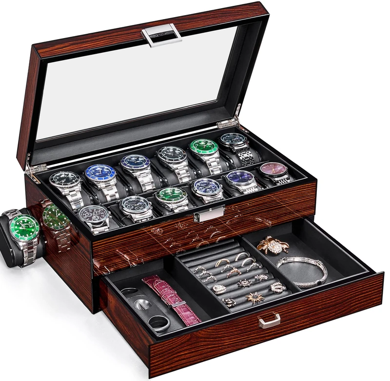 BEWISHOME High-End Watch Case, 12 Slot Wooden Watch Box with Valet Drawer, 2-Layer Watch Display Case for Jewelry, Watch Holder, Watch Organizer for Men Women Brown ESSH02Y
