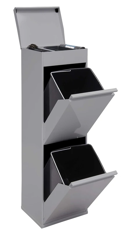 Arregui Top CR222-B Waste Bin with Multipurpose Top Storage, 2 Buckets, Stainless Steel Cabinet for Differentiated Waste, 2 x 17 l (34 l), Light Grey, 97.5 x 30.6 x 24.5 cm