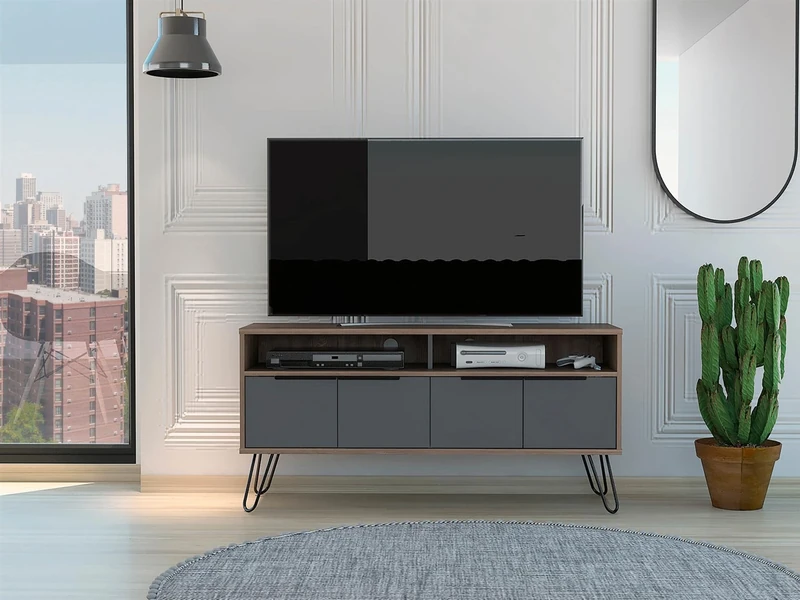 Home Source Bleached Oak Effect Widescreen TV Cabinet 4 Door Storage, Metal Hair Pin Legs, Grey