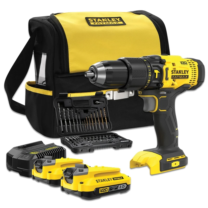 STANLEY FATMAX SFMCD711DSA-QW 18V Hammer Drill V20 Range 2 Speeds LED Light Includes Drill Bit Set and 50 Pieces, 2 x 2.0Ah Rechargeable Batteries, Charger and Tool Bag