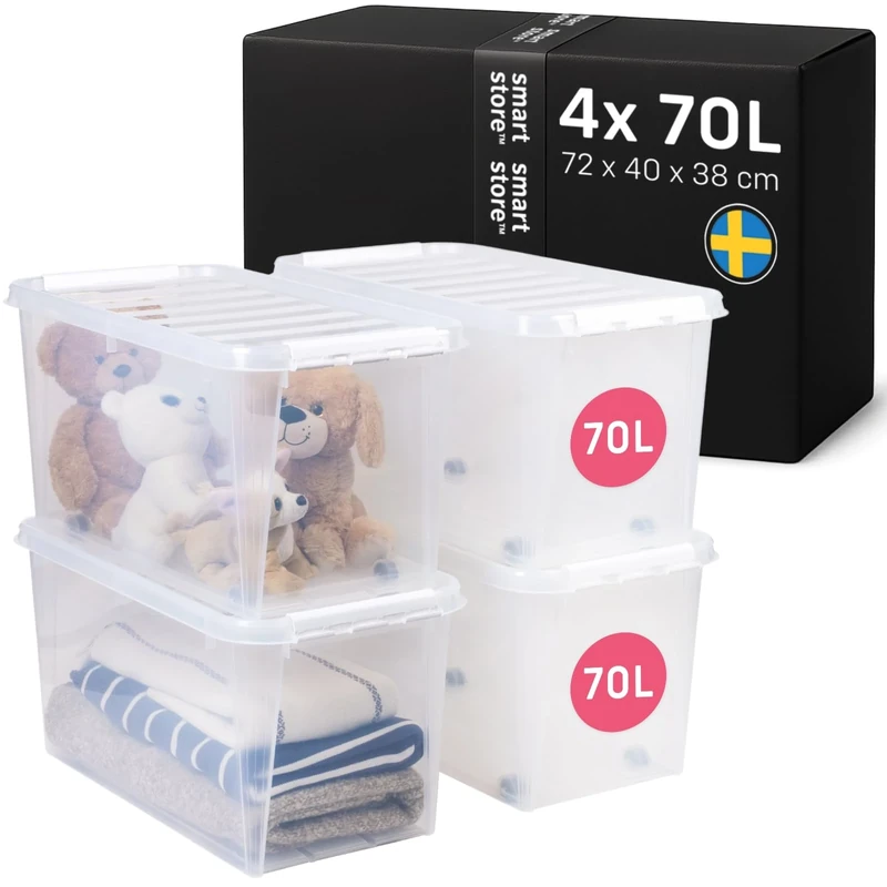 SmartStore - 4x Plastic Storage Box with Lid Classic 70L (72x40x38cm) |Plastic Storage Drawers with Lid|Food-Safe Material|Kitchen & Organisation|Durable Container for Home & Office|10-Year Warranty
