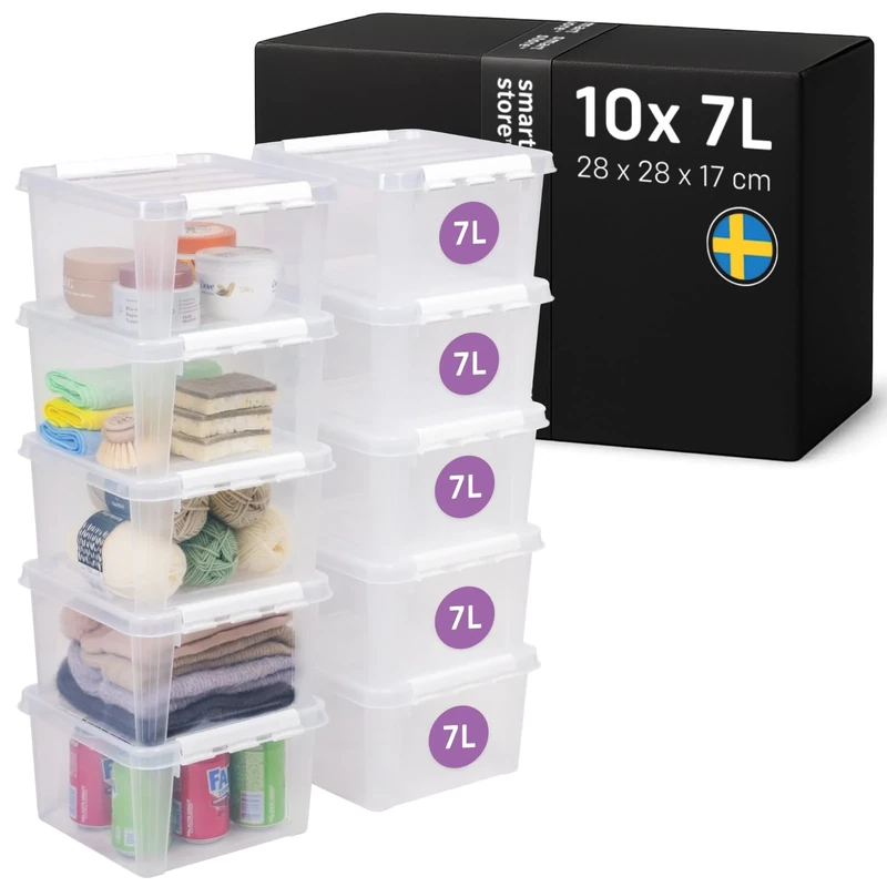 SmartStore - 4x Plastic Storage Box with Lid Classic 7L (28x28x17cm) |Plastic Storage Drawers with Lid|Food-Safe Material|Kitchen & Organisation|Durable Container for Home & Office|10-Year Warranty