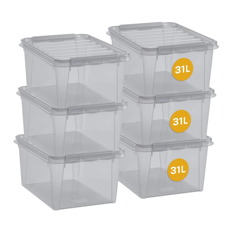 SmartStore 31 L Grey Plastic Storage Boxes with Lids - Set of 6 - Transparent - Stackable and Nestable -10 Year Guarantee- Food Safe and BPA Free - Clip Locked - L50 x W39 x H26 cm
