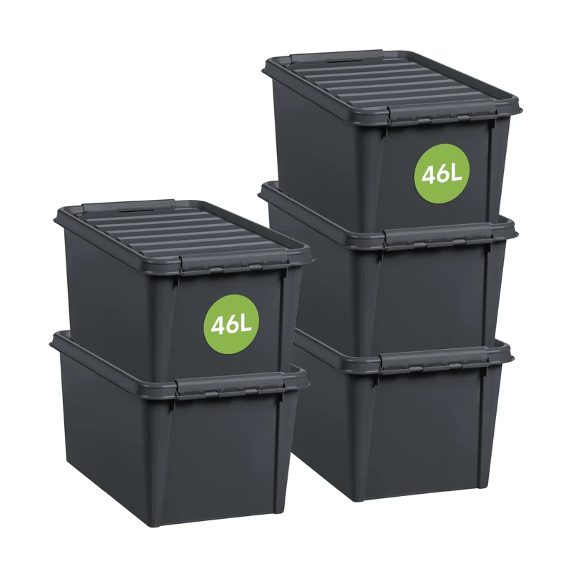 SmartStore - Recycled 46 L - Set of 5 Storage Boxes - 100% Recycled Plastic - Grey - 59 x 39 x 31 cm - 46l