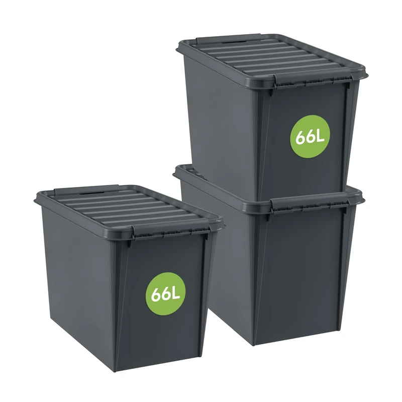 SmartStore - Recycled 66 L - Set of 3 Storage Boxes - 100% Recycled Plastic - Grey - 59 x 39 x 43 cm - 66l