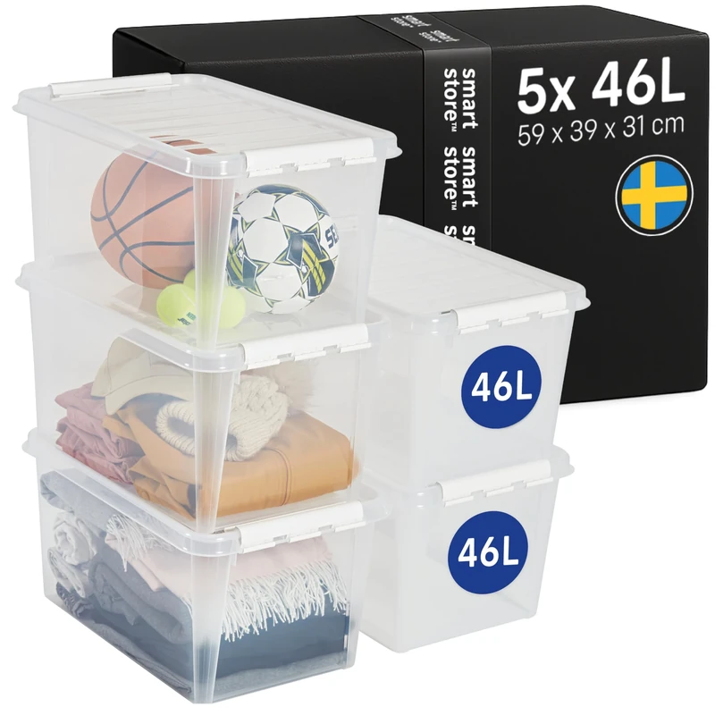 SmartStore - 5x Plastic Storage Box with Lid Classic 46L (59x39x31cm) |Plastic Storage Drawers with Lid|Food-Safe Material|Kitchen & Organisation|Durable Container for Home & Office|10-Year Warranty