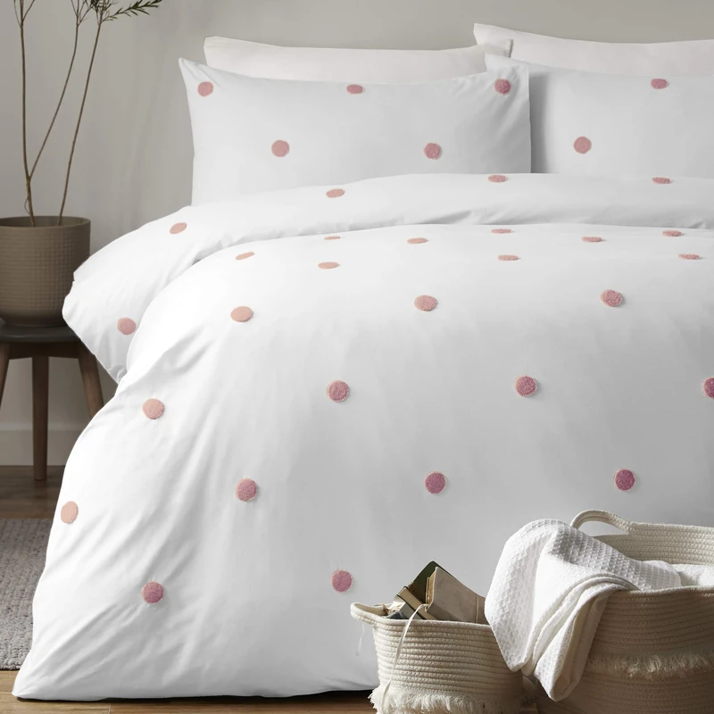 Appletree Signature Dot Garden 100% Cotton Tufted Duvet Cover Set, White/Pink, King