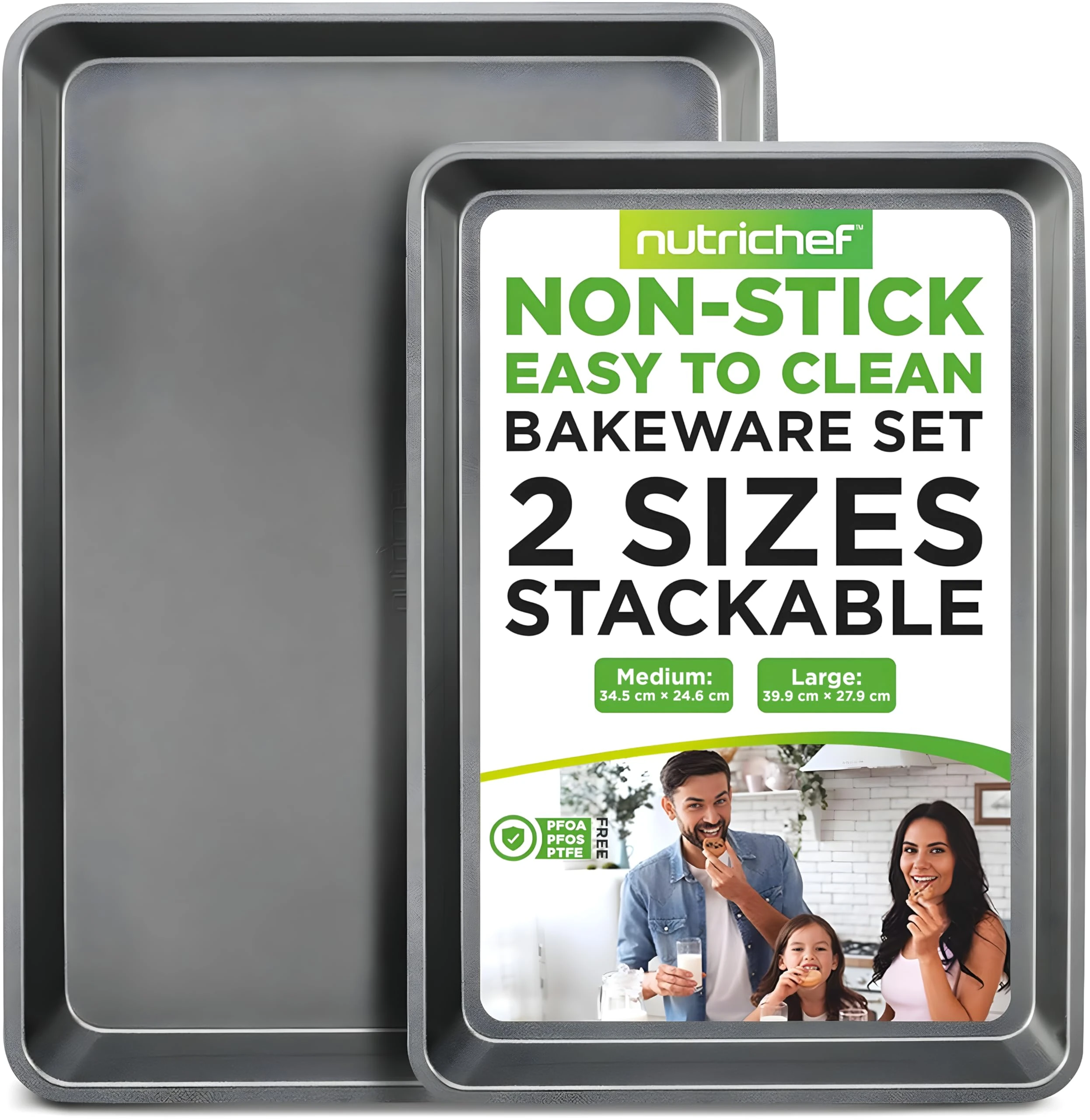 Nonstick Cookie Sheet Baking Pan - 2-Pc. Professional Quality Kitchen Cooking Non-Stick Bake Trays with Gray Coating Inside & Outside, Dishwasher Safe