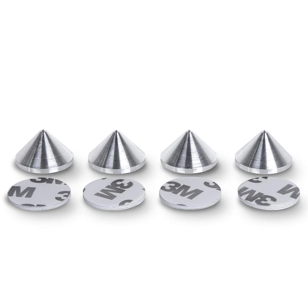 PrecisionGeek Speaker Spikes Aluminium Silver 20mm Cone Shape with Adhesive Pads for HiFi Speakers, Soundbars, Audio Stands, Subwoofers – Set of 4 Vibration Isolators
