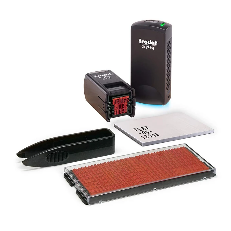 Trodat Dryteq 154749 – Industrial Permanent Stamp Set for DIY Immediately Dry, Imprint Red 12 x 12 mm, Black Print