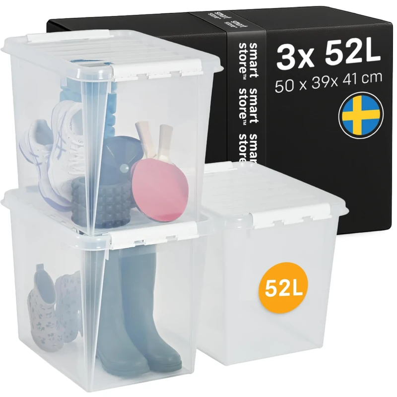 SmartStore - 3x Plastic Storage Box with Lid Classic 52L (50x39x41cm) |Plastic Storage Drawers with Lid|Food-Safe Material|Kitchen & Organisation|Durable Container for Home & Office|10-Year Warranty