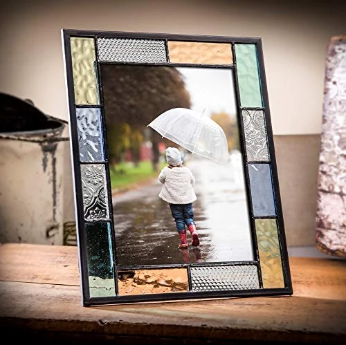 5x7 Picture Frame Colorful Stained Glass Photo Frame Table Top Easel Back Display Vertical or Horizontal Home Decor Blue Green Peach Clear J Devlin Pic 413-57HV