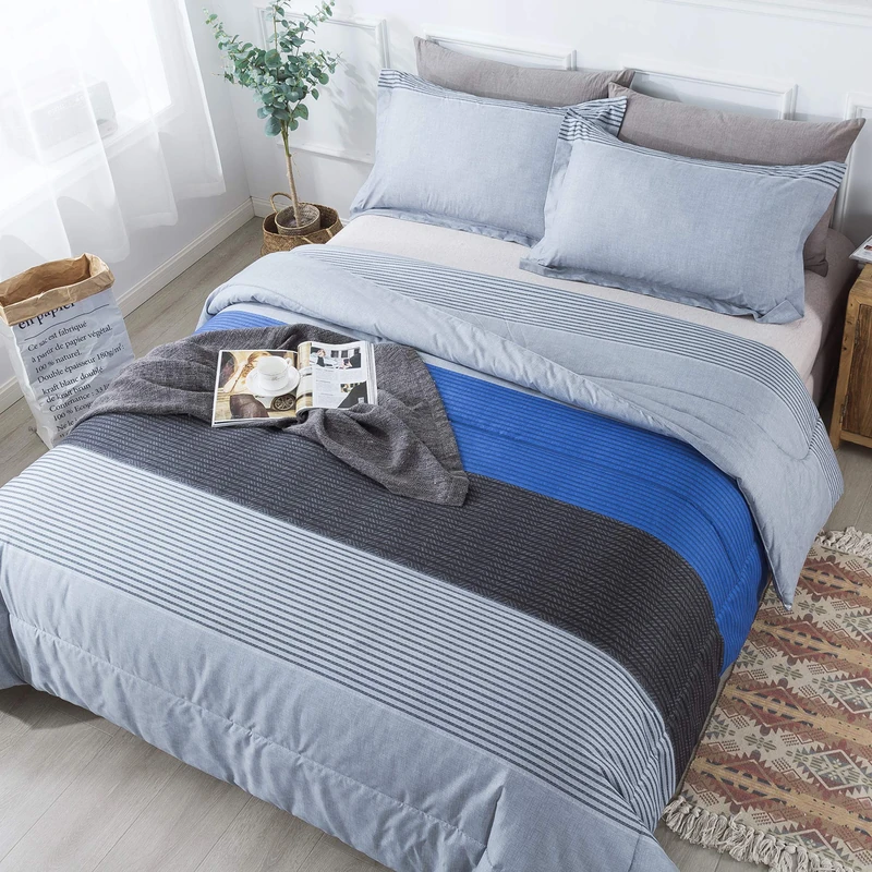 Andency Gestreiftes Steppdecken-Set, Queen-Size-Größe (228x228 cm), 3-teilig, grau und blau, gestreiftes Patchwork-Steppdecke, blau, schwarz)