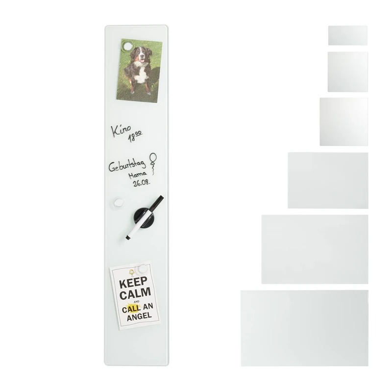Relaxdays Glass Magnetic Dry Erase Memo Board, Writable, 3 Magnets, Safety Glass Magnet Board, White