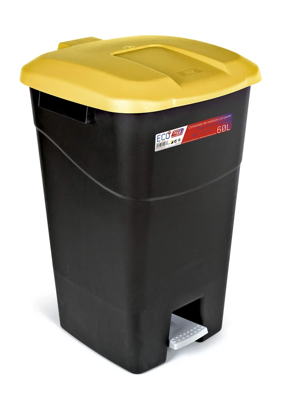 Tayg - 60 liter waste bin with pedal, black base and yellow lid, plastic