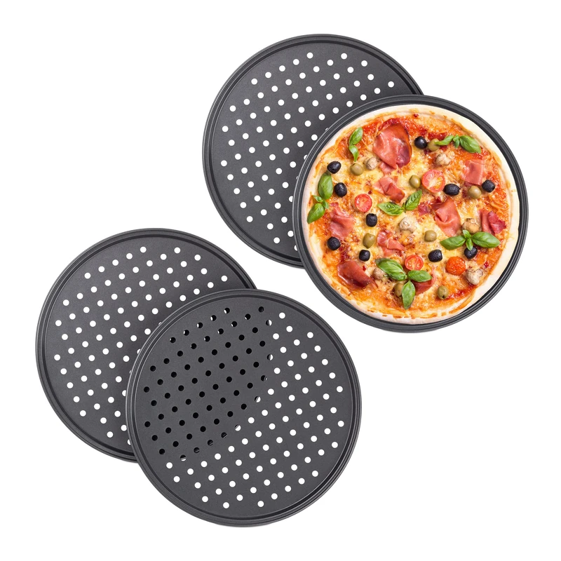 Relaxdays Pizza Tray, Set of 4, Round, with Holes, Nonstick, Tarte Flambée, Carbon Steel, Dough Tray, ∅ 32 cm, Grey