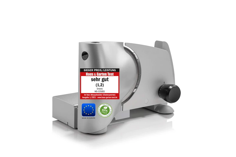 Emerio MS-125001 All-Purpose Cutter Made in The EU Stainless Steel Universal Knife Unit Produced in Germany, Adjustable 0-15 mm, BPA-Free, Metal Housing, with Safety Switch, Eco 110 Watt, Silver