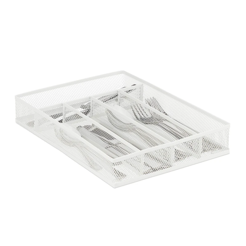Relaxdays Metal Cutlery Tray, 5 Compartments, Mesh Design, 5.5 x 23.5 x 32 cm, Kitchen Drawer Insert, Organiser, White